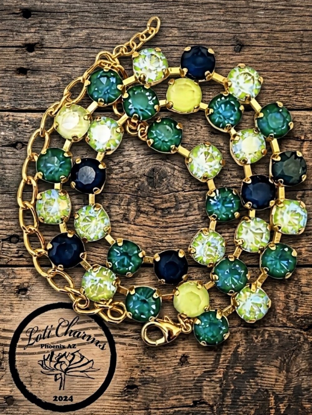 Green Matcha Sponge Premium Crystals In 18K Classic Gold Plated Tennis Necklace